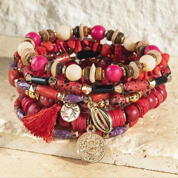 Red Boho Chic Multi Layered Stretch Bracelet w Golden Seashell & Coin Charms - Picture 4 of 6